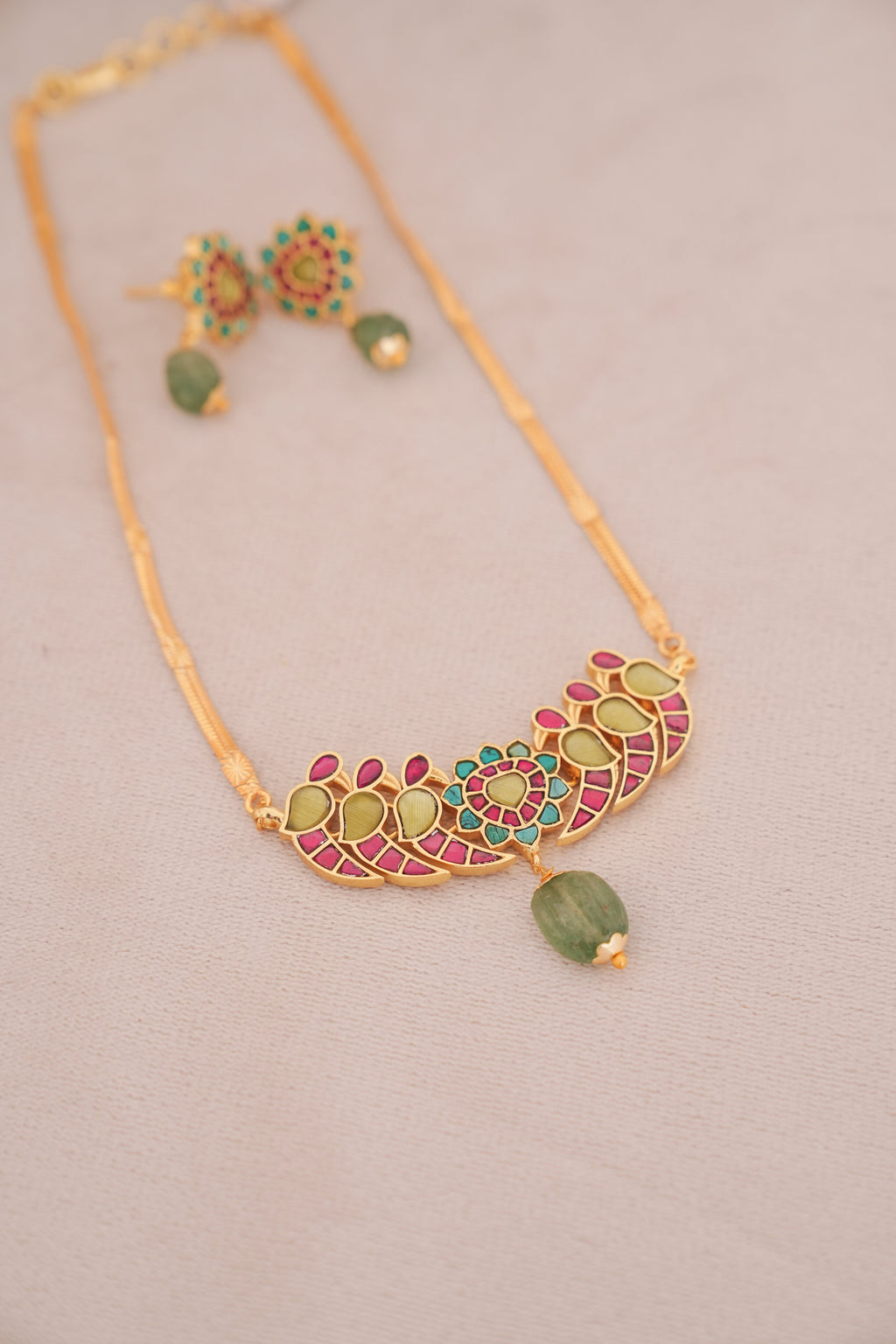 Traditional Jadau Kundan Necklace Set with Green Gemstone Drops