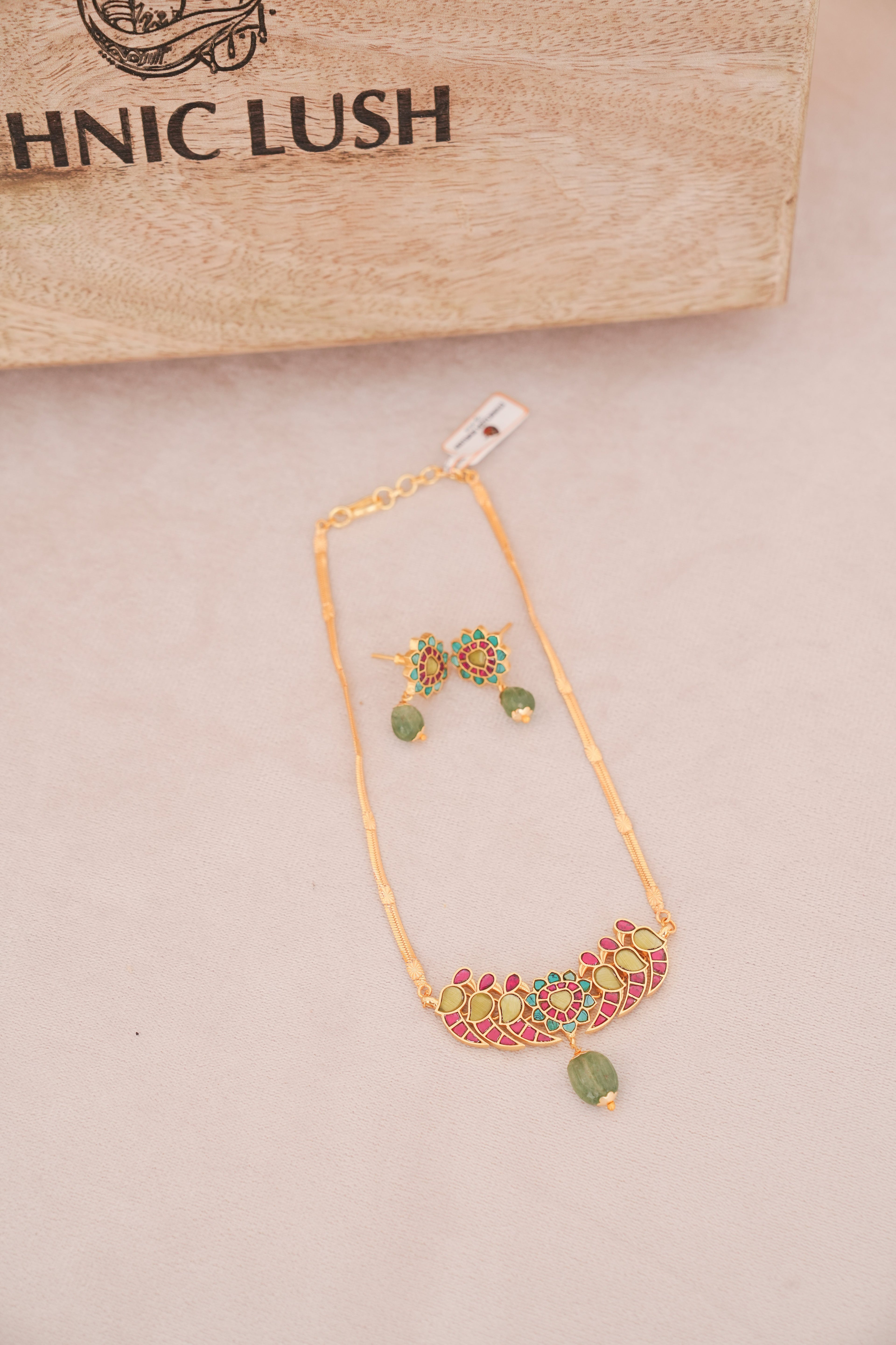 Traditional Jadau Kundan Necklace Set with Green Gemstone Drops