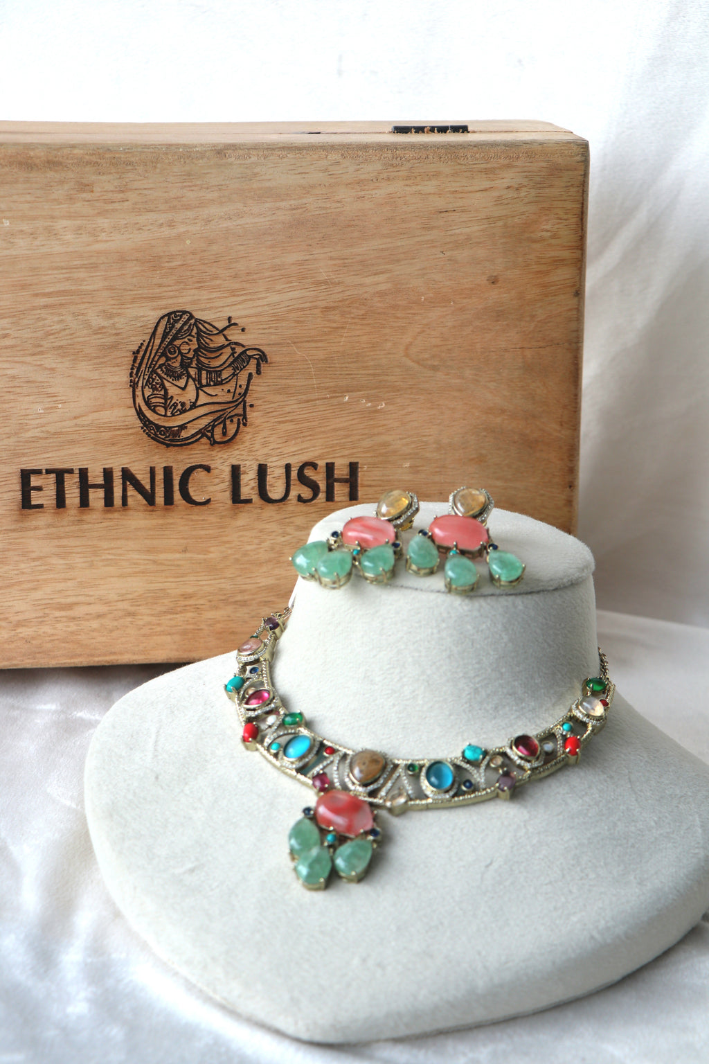 Crescent Multi Gem Necklace  Earring Set