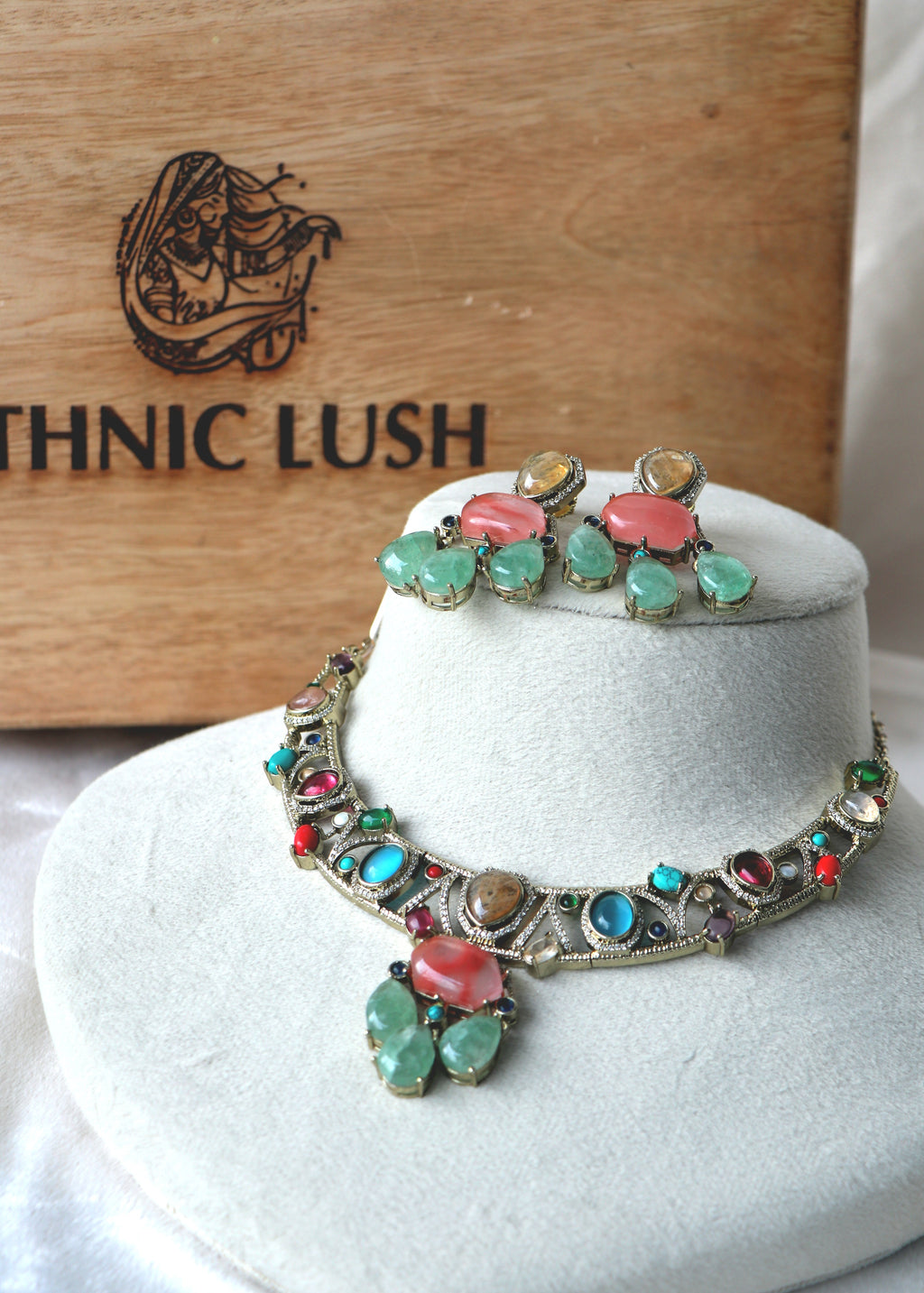 Crescent Multi Gem Necklace  Earring Set