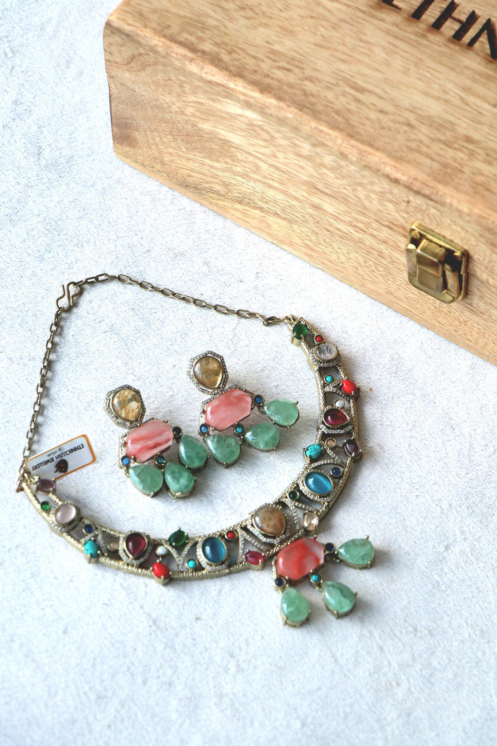 Crescent Multi Gem Necklace  Earring Set