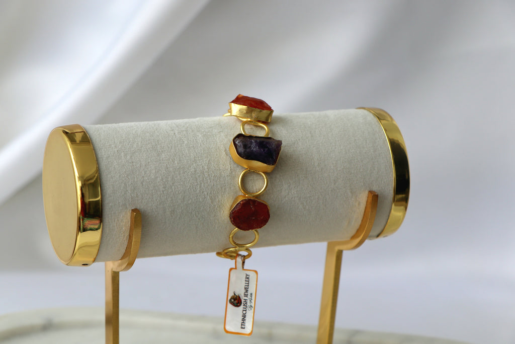 Raw Natural Gemstone Bracelet | Adjustable Gold-Tone Cuff | Multi-Stone Variants