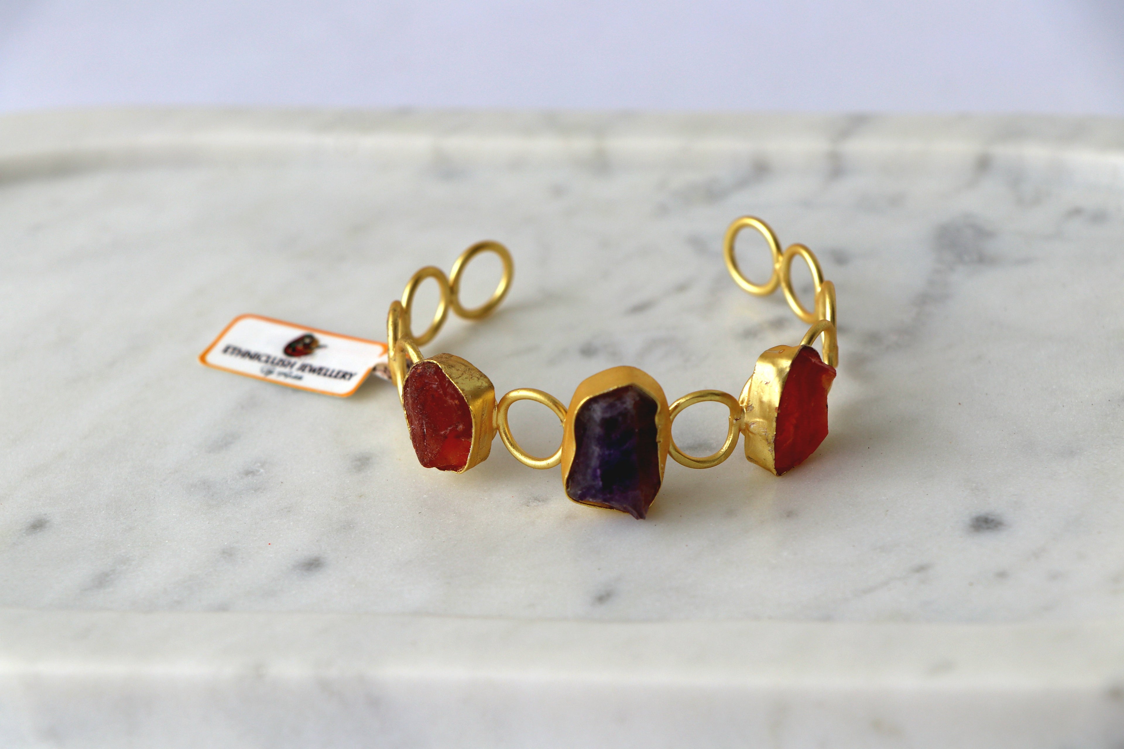 Raw Natural Gemstone Bracelet | Adjustable Gold-Tone Cuff | Multi-Stone Variants