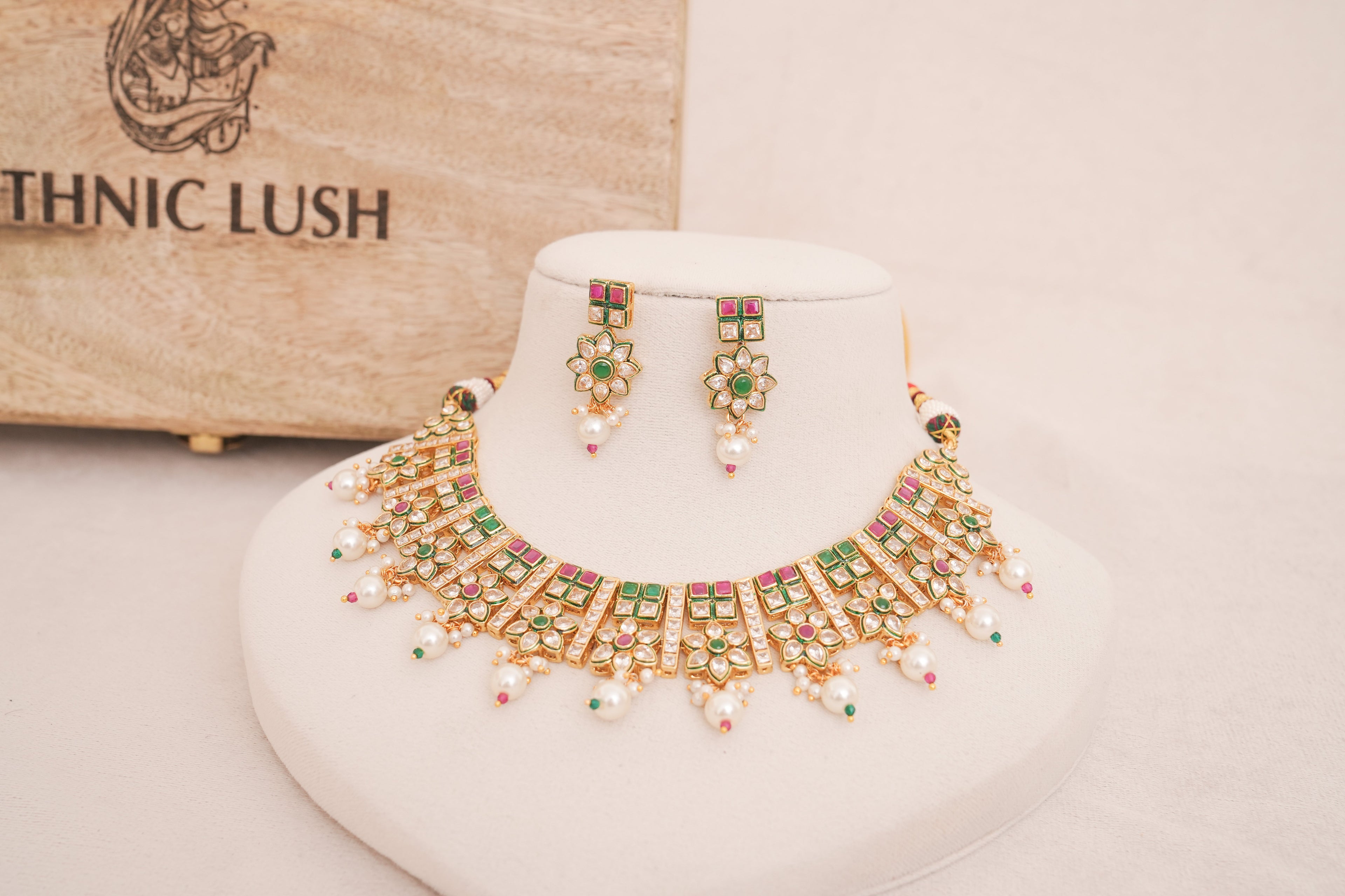 Pink & Green Kundan Floral Choker Earring Set