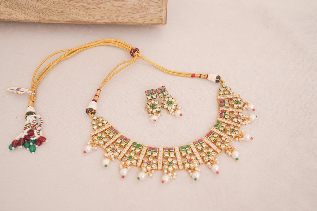 Pink & Green Kundan Floral Choker Earring Set