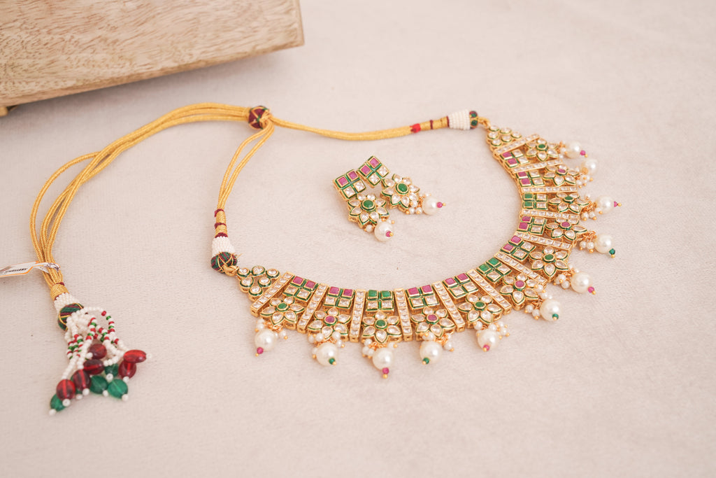 Pink & Green Kundan Floral Choker Earring Set