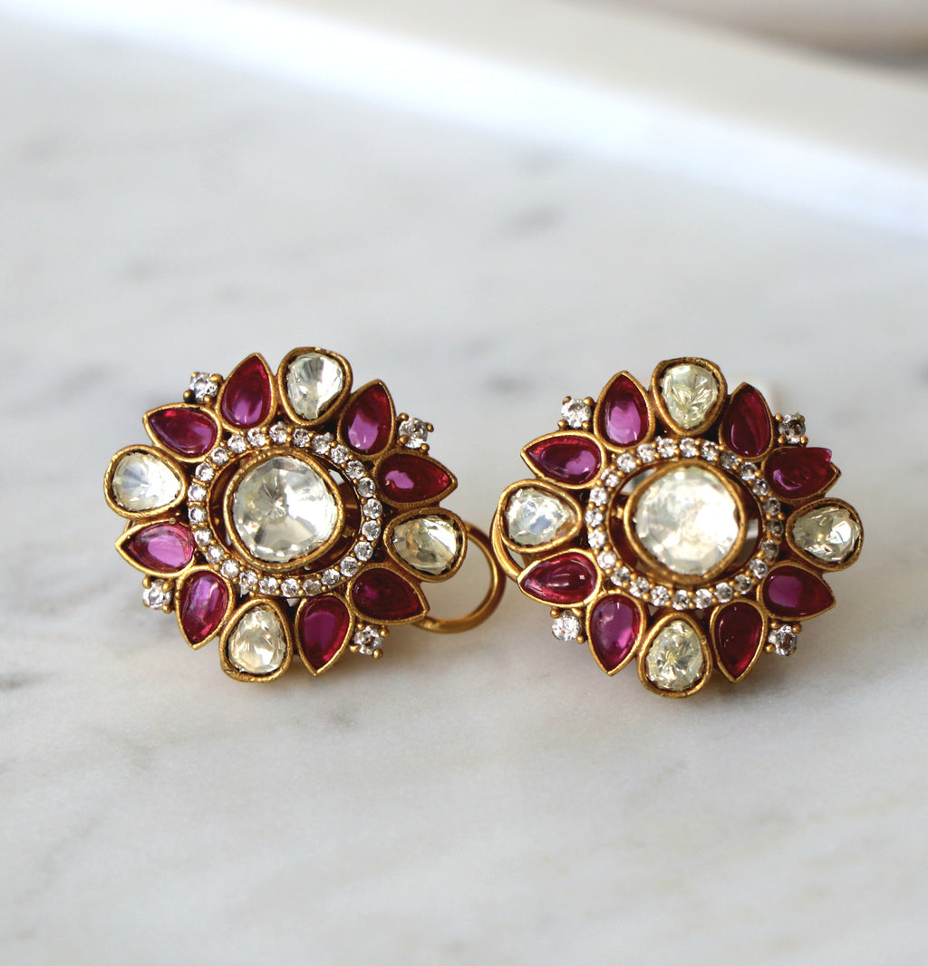 Crimson Kundan Bloom Statement Earrings