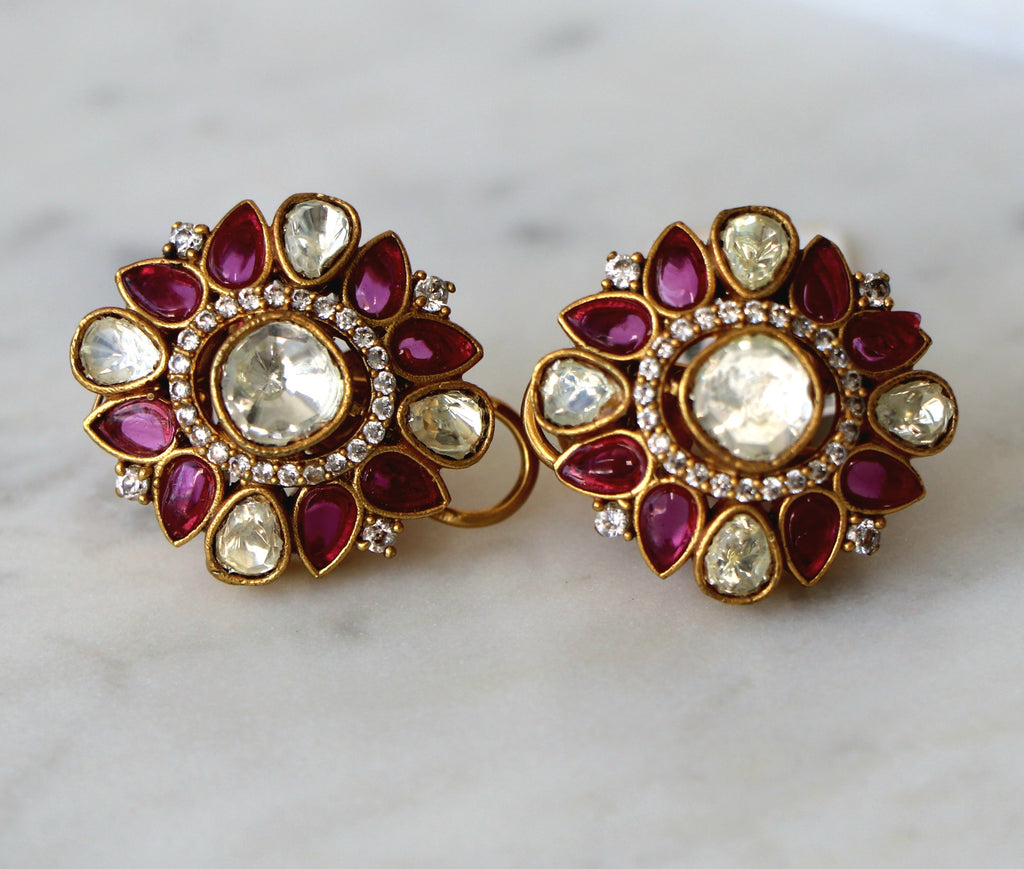 Crimson Kundan Bloom Statement Earrings