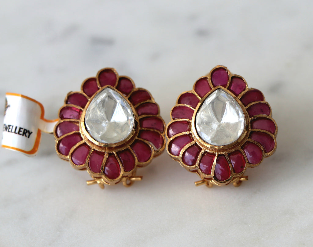 Crimson Polki Bloom Teardrop Earrings