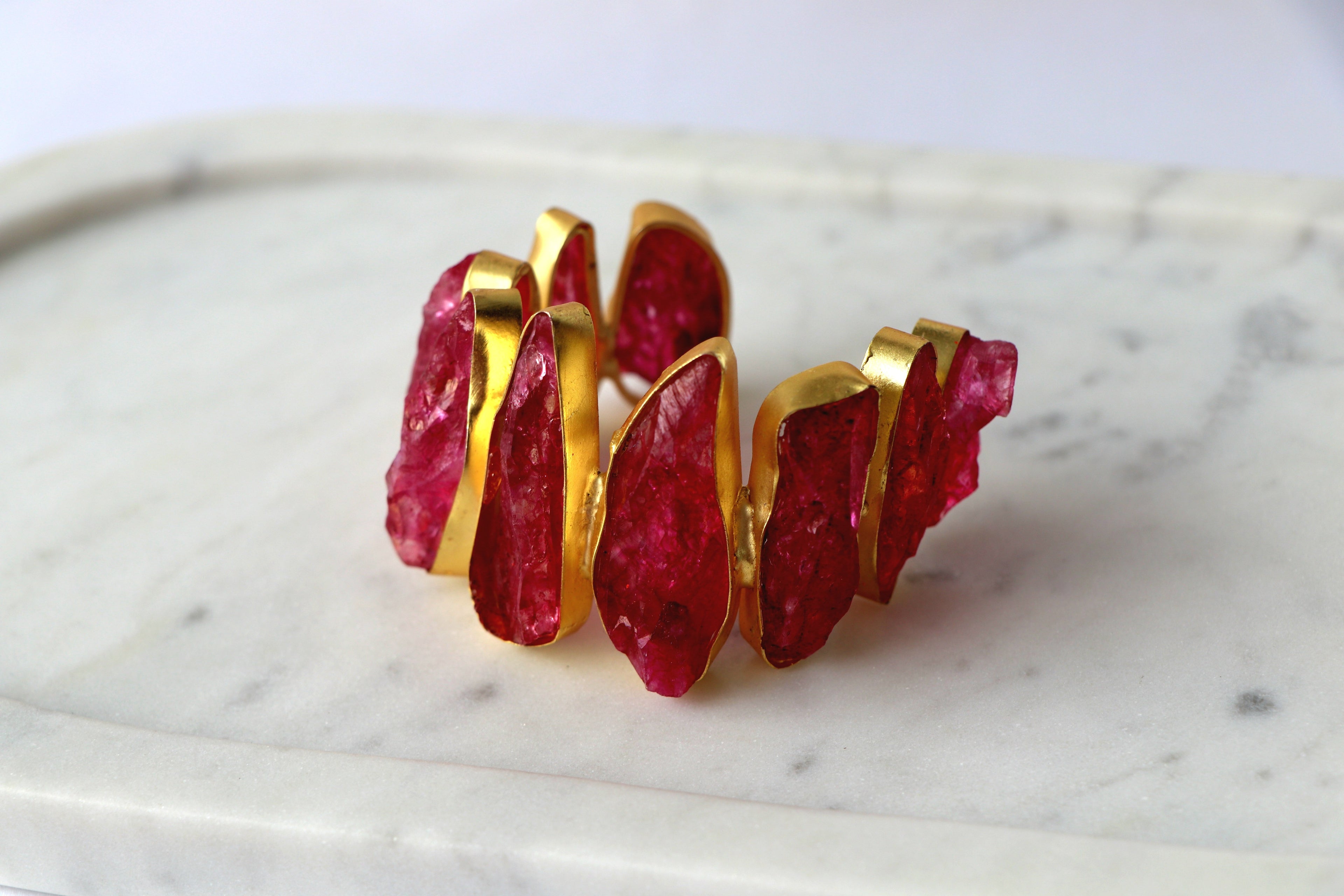 Natural Raw Gemstone Statement Cuff | Adjustable Gold-Plated Bracelet |