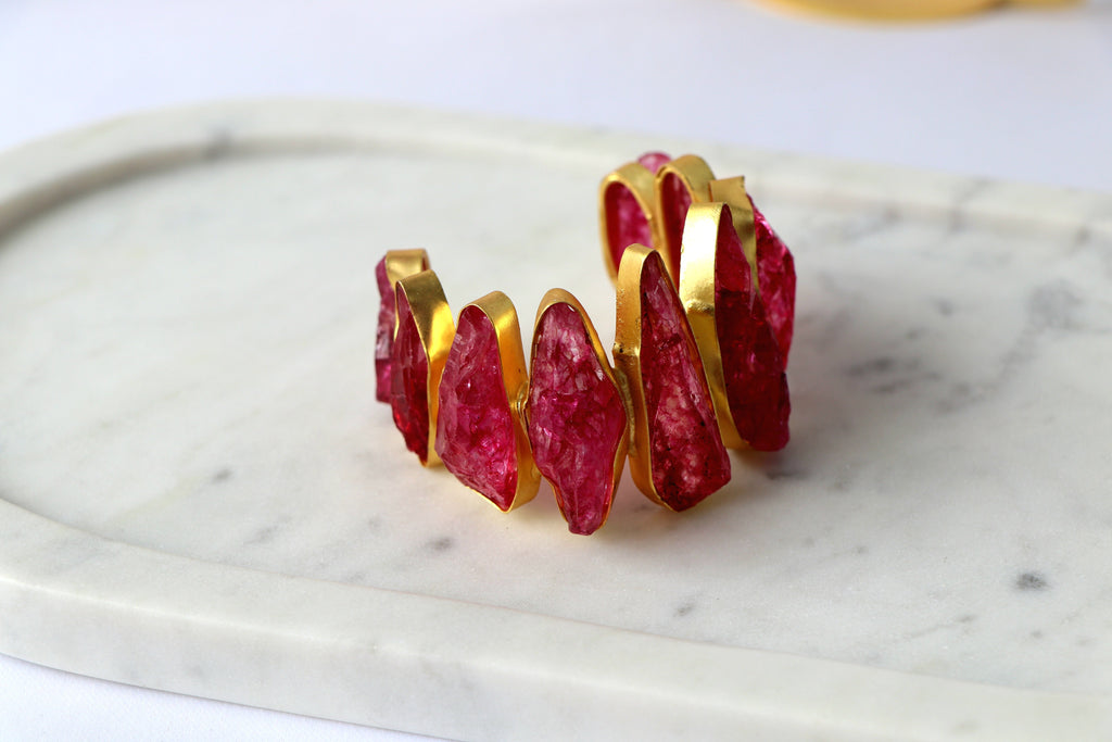 Natural Raw Gemstone Statement Cuff | Adjustable Gold-Plated Bracelet |