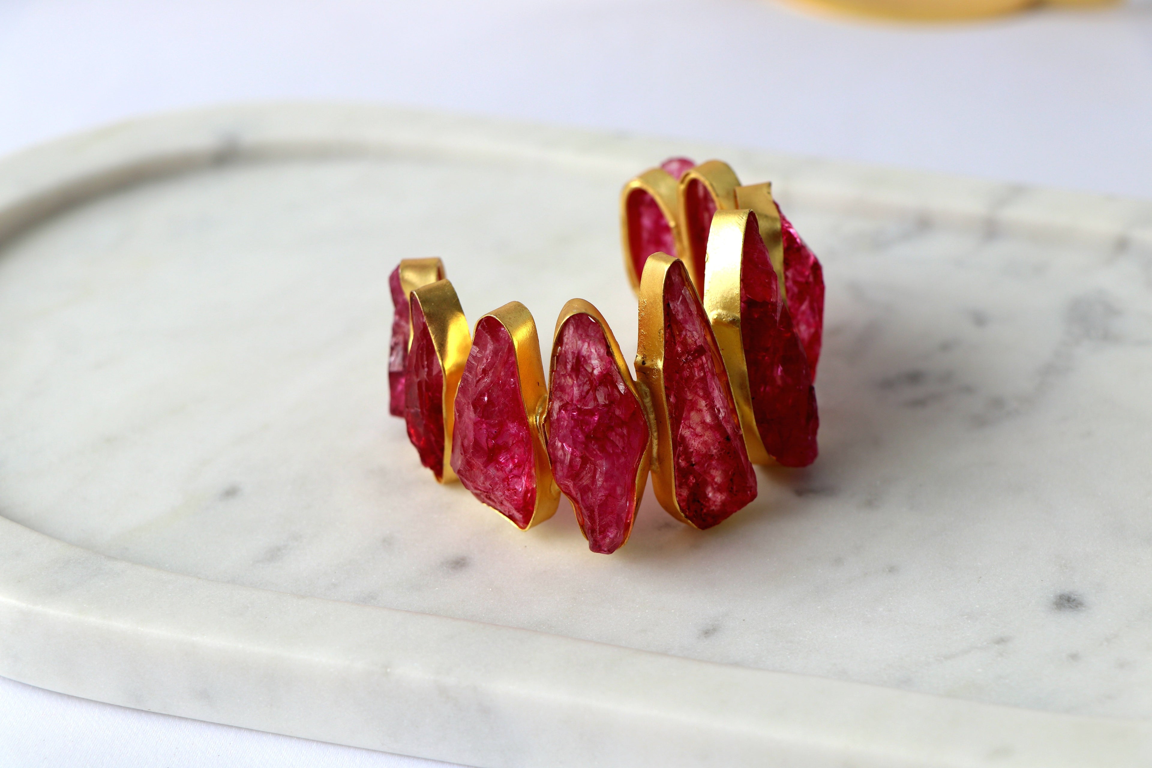 Natural Raw Gemstone Statement Cuff | Adjustable Gold-Plated Bracelet |