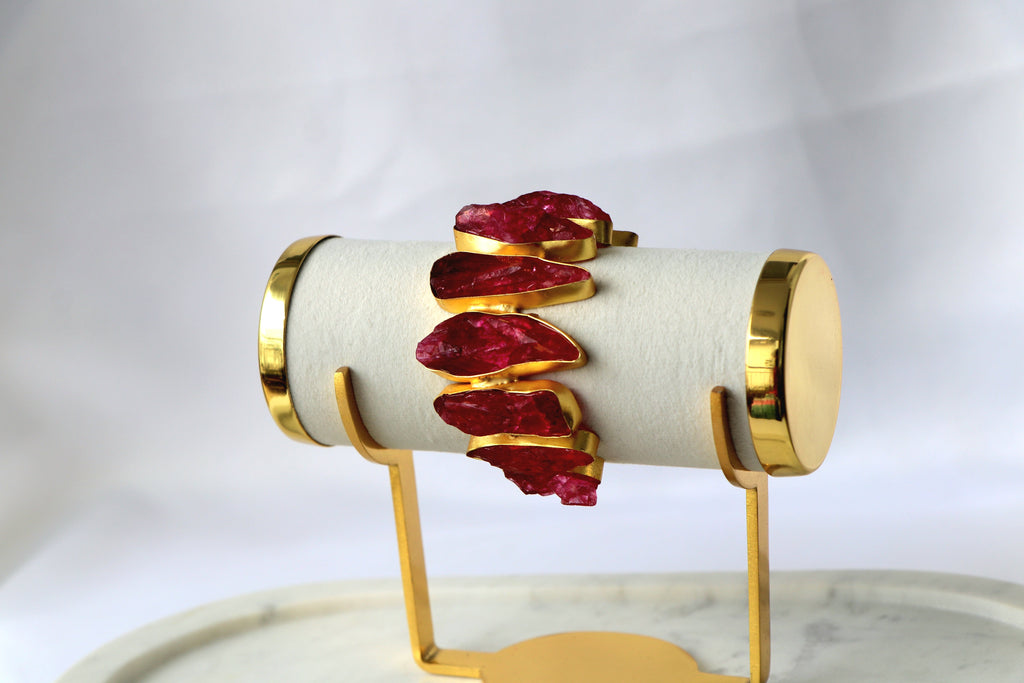 Natural Raw Gemstone Statement Cuff | Adjustable Gold-Plated Bracelet |