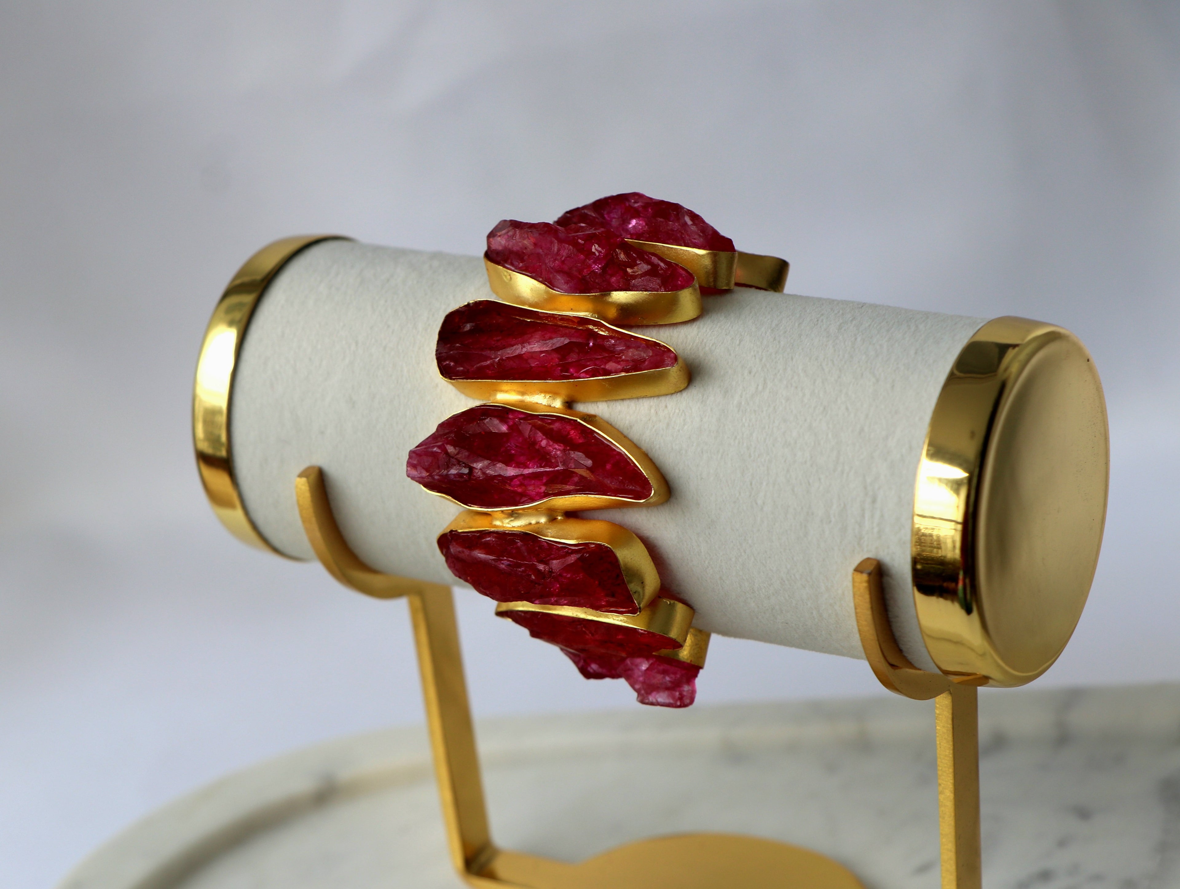 Natural Raw Gemstone Statement Cuff | Adjustable Gold-Plated Bracelet |