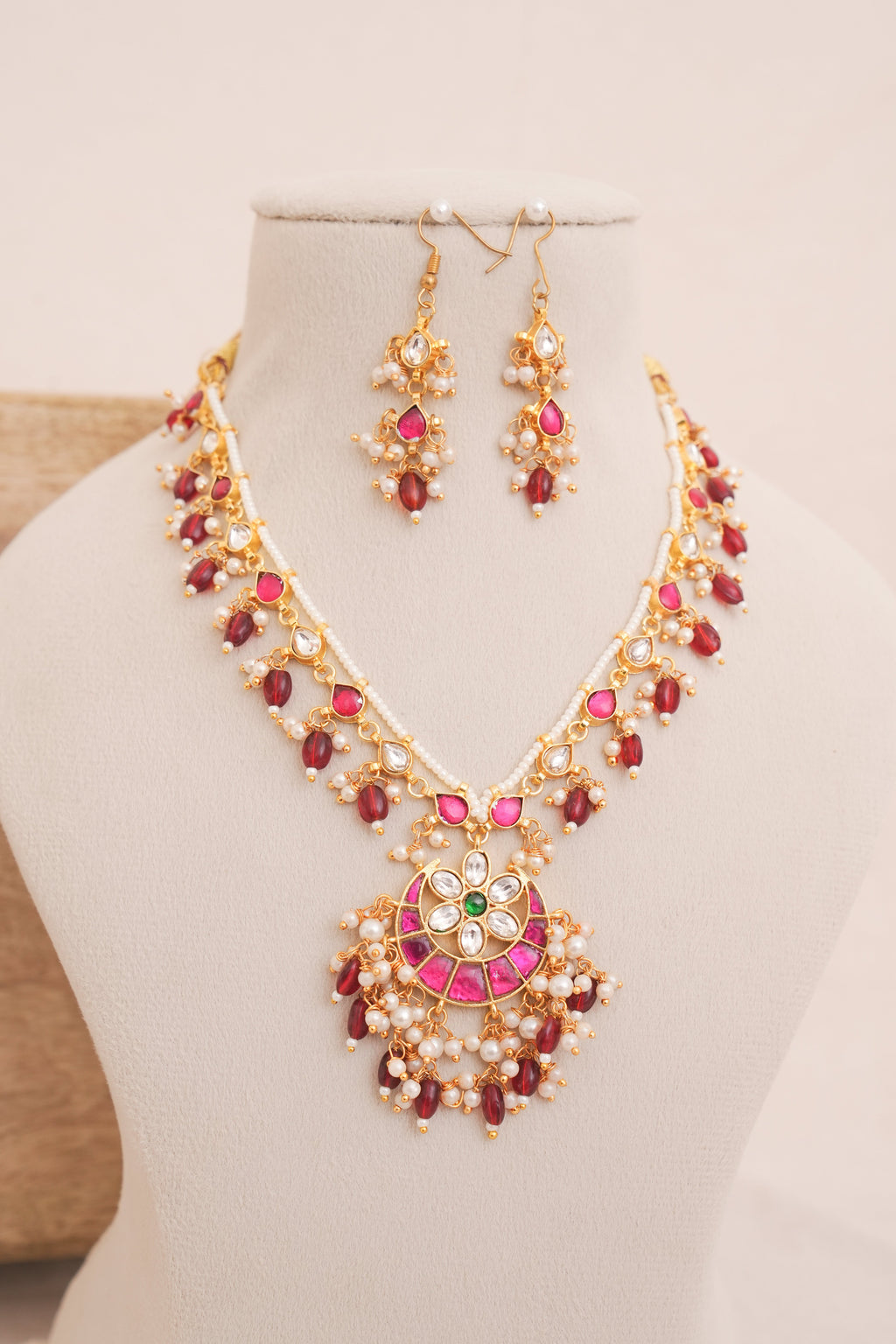 Maharani Ruby Pachi Kundan Pearl Strand Necklace Set