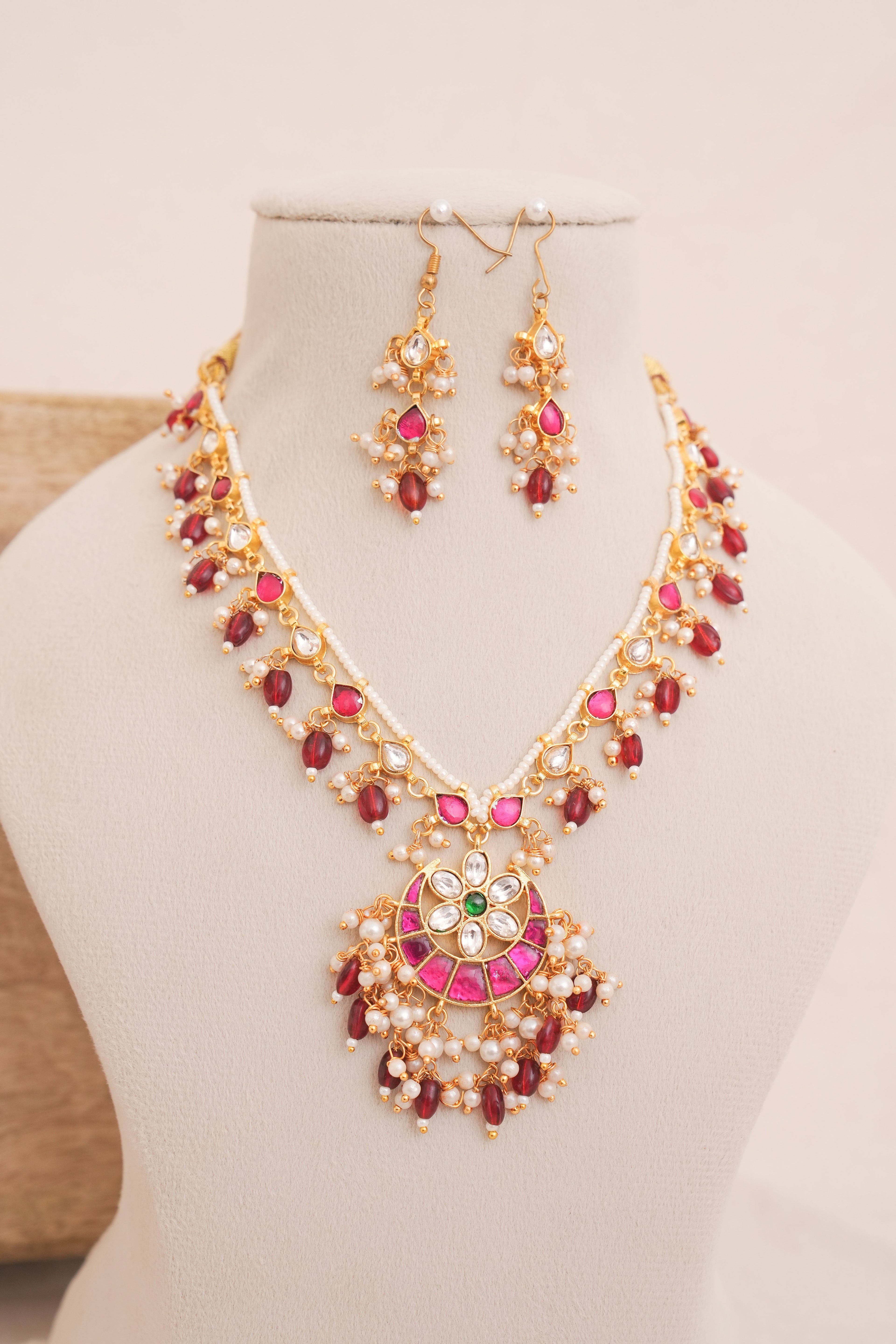 Maharani Ruby Pachi Kundan Pearl Strand Necklace Set
