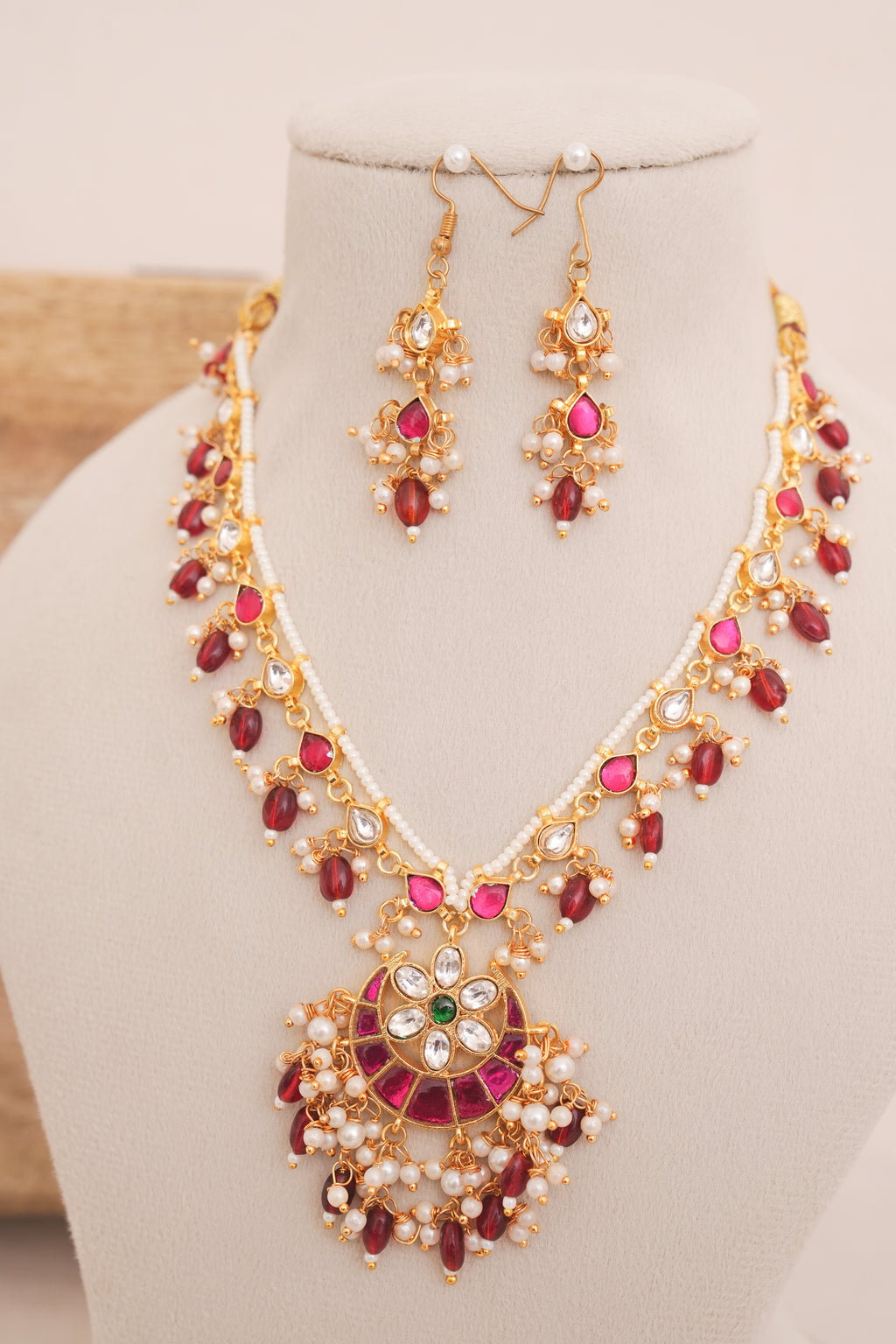 Maharani Ruby Pachi Kundan Pearl Strand Necklace Set