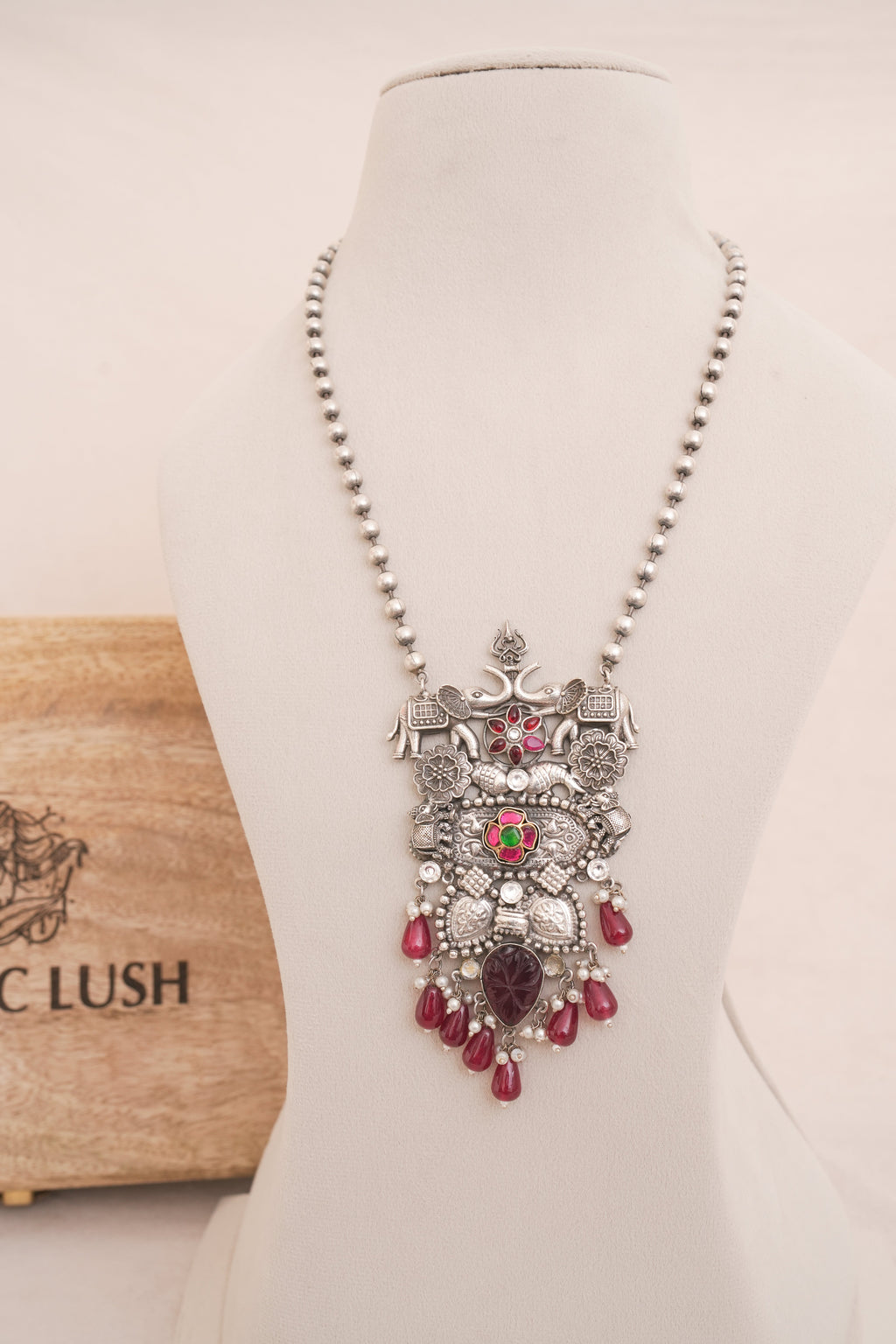 Oxidised Elephant Vintage Necklace with beaded drops