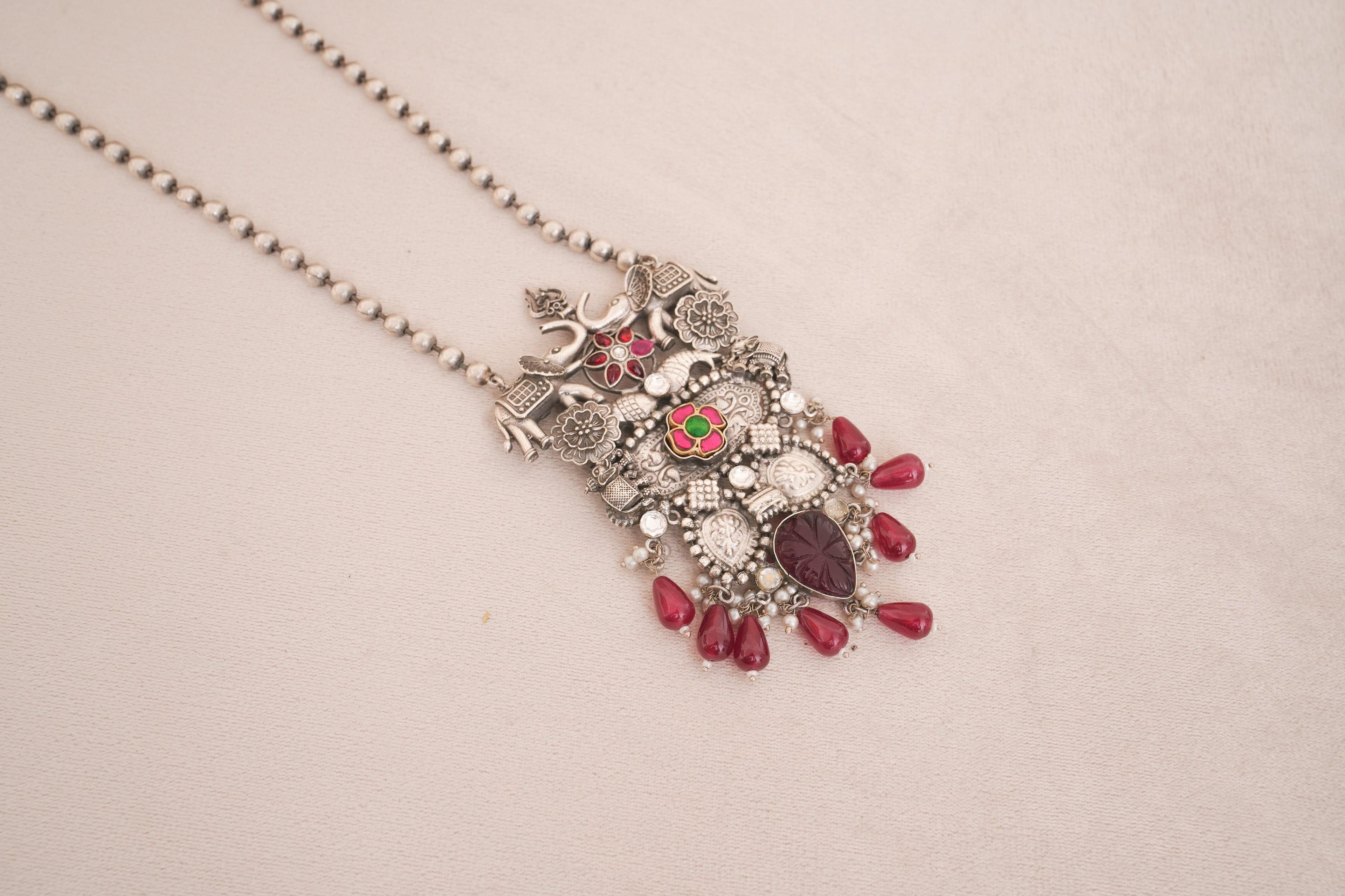 Oxidised Elephant Vintage Necklace with beaded drops