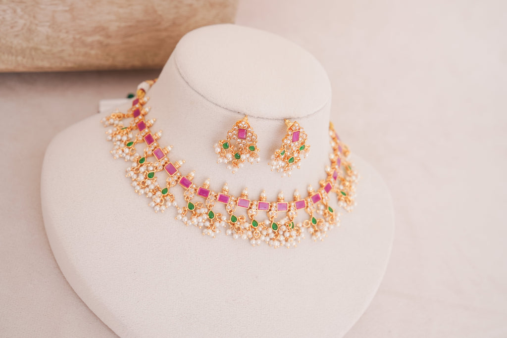 Gulnaar Pink Green Kundan Pearl Set