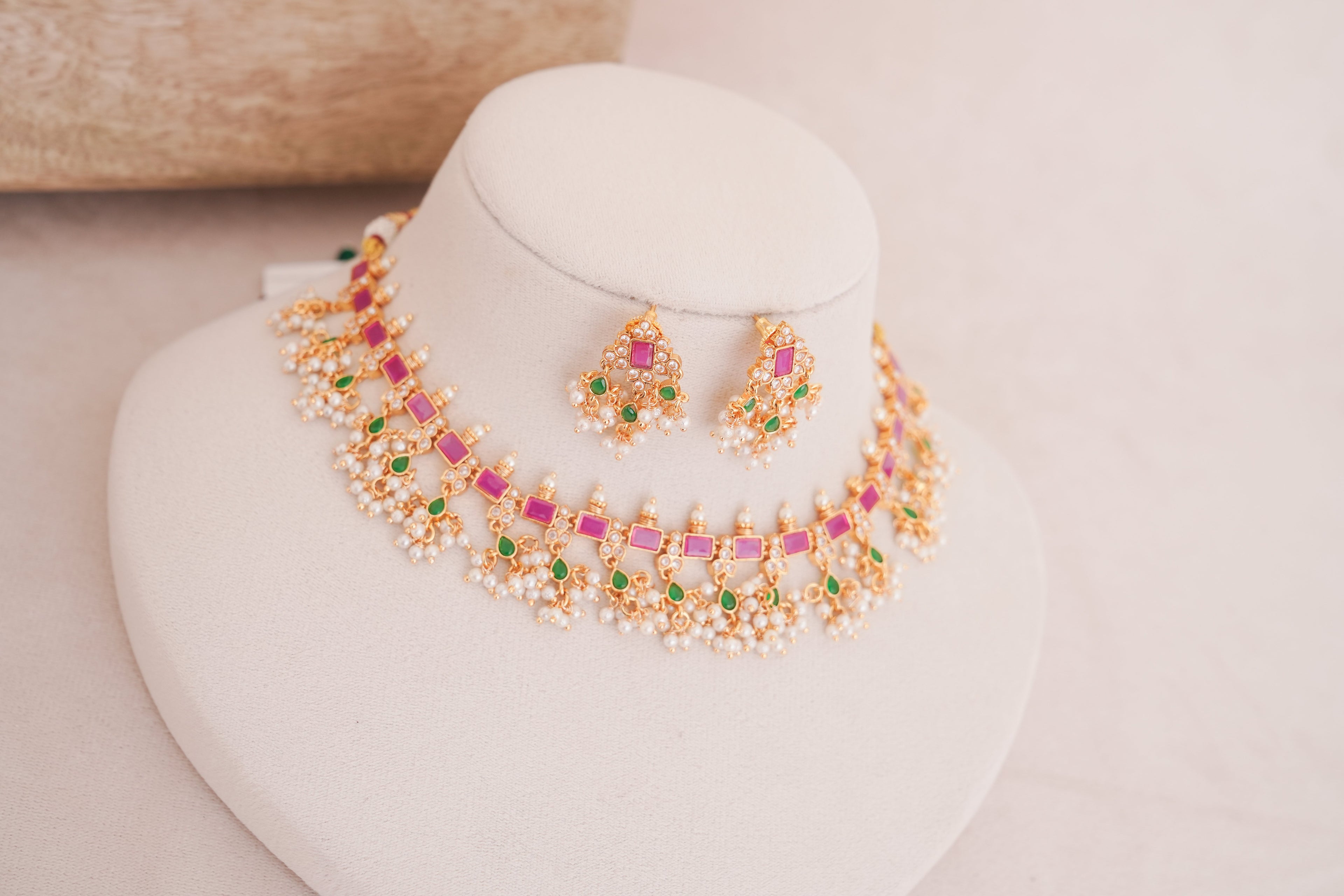 Gulnaar Pink Green Kundan Pearl Set
