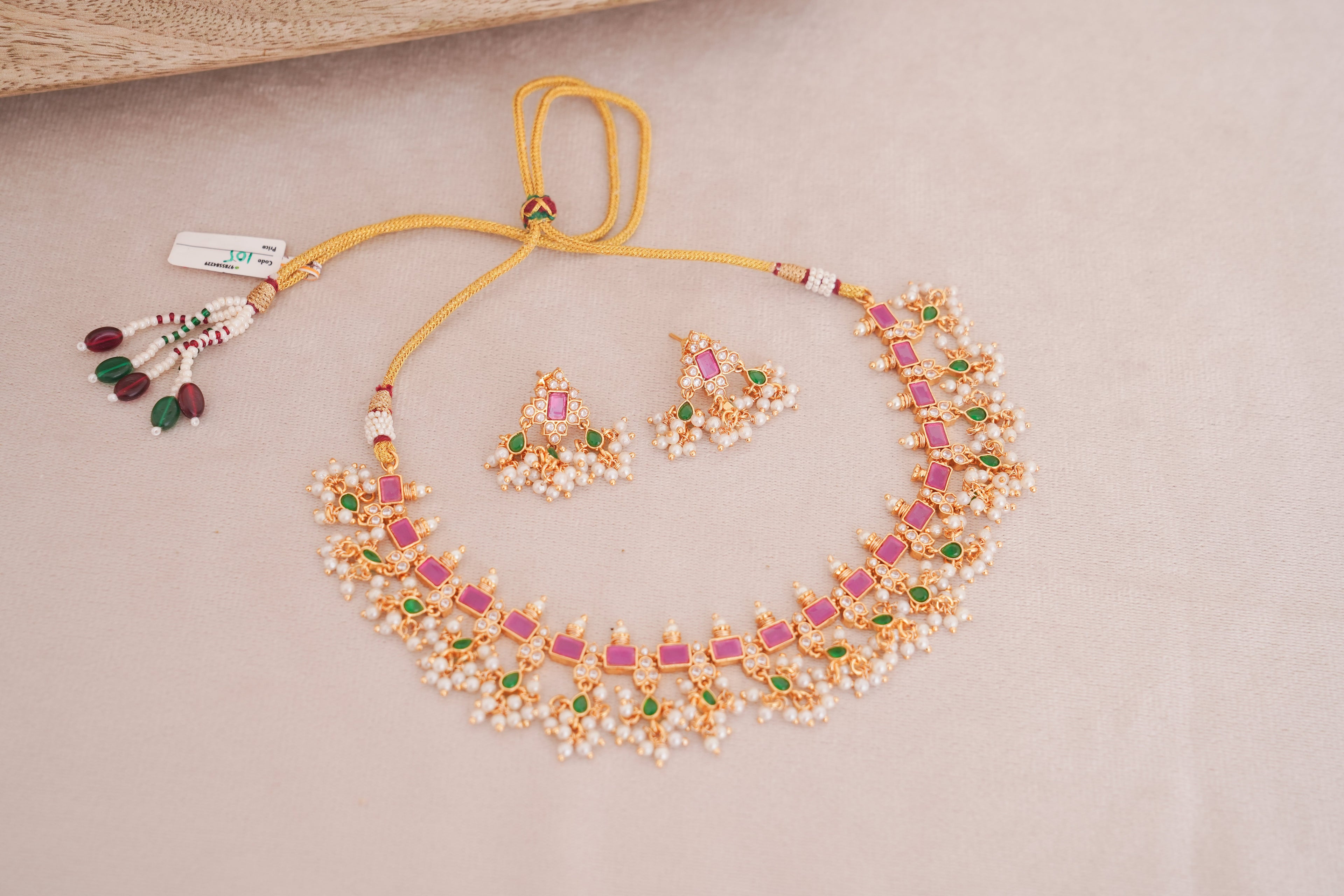 Gulnaar Pink Green Kundan Pearl Set