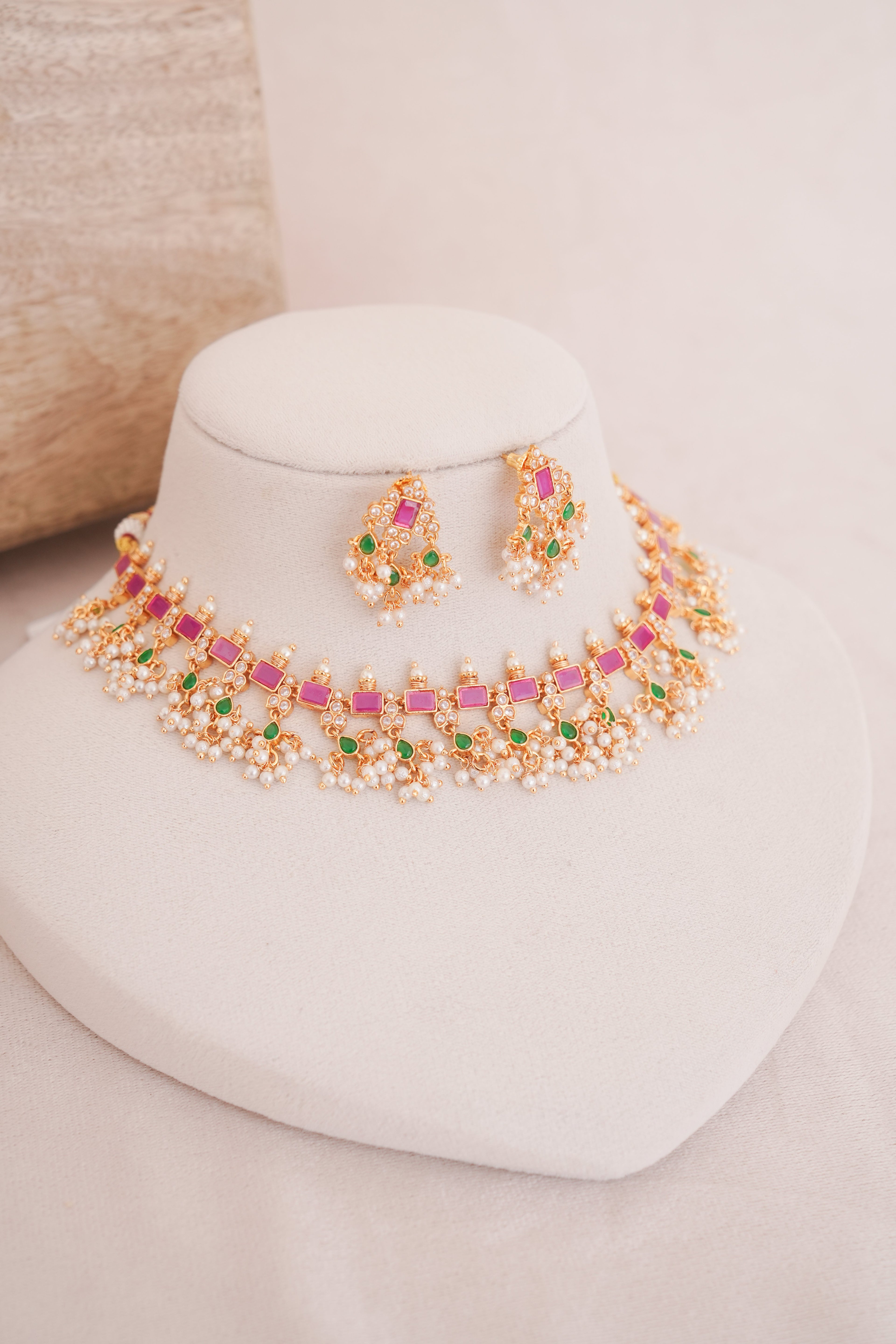 Gulnaar Pink Green Kundan Pearl Set
