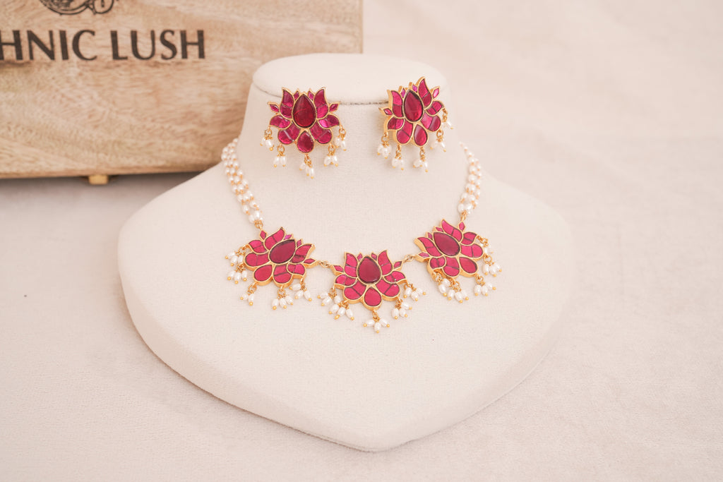 Jadau Kundan Lotus Pearl Necklace Set
