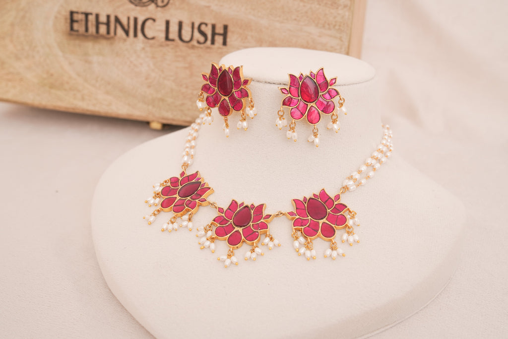 Jadau Kundan Lotus Pearl Necklace Set