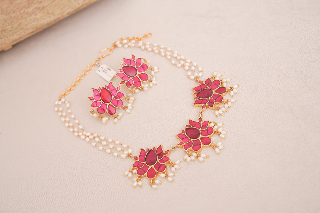 Jadau Kundan Lotus Pearl Necklace Set