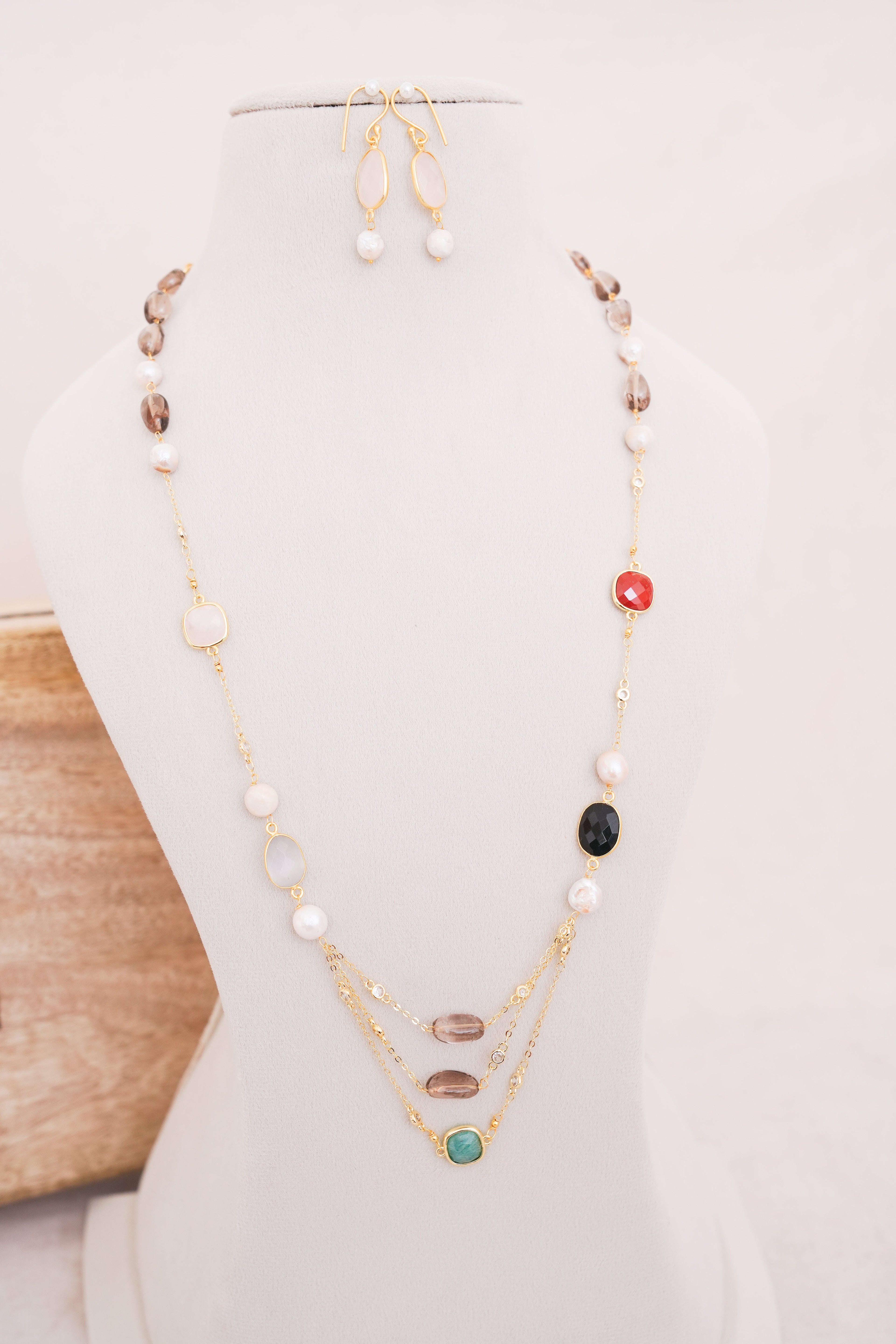 Boho Chic Multistone & Pearl Layered Necklace Set