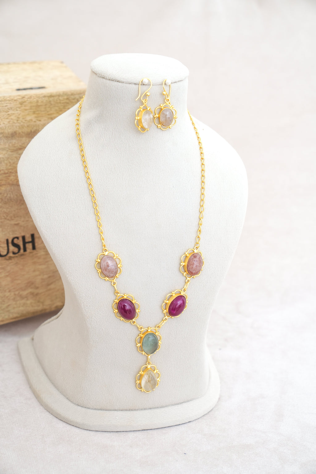 Crimson Rose Quartz  Emerald Cascade Necklace Set