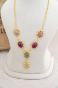 Natural Multi Gemstone Cabochan Gold Tone Necklace Set