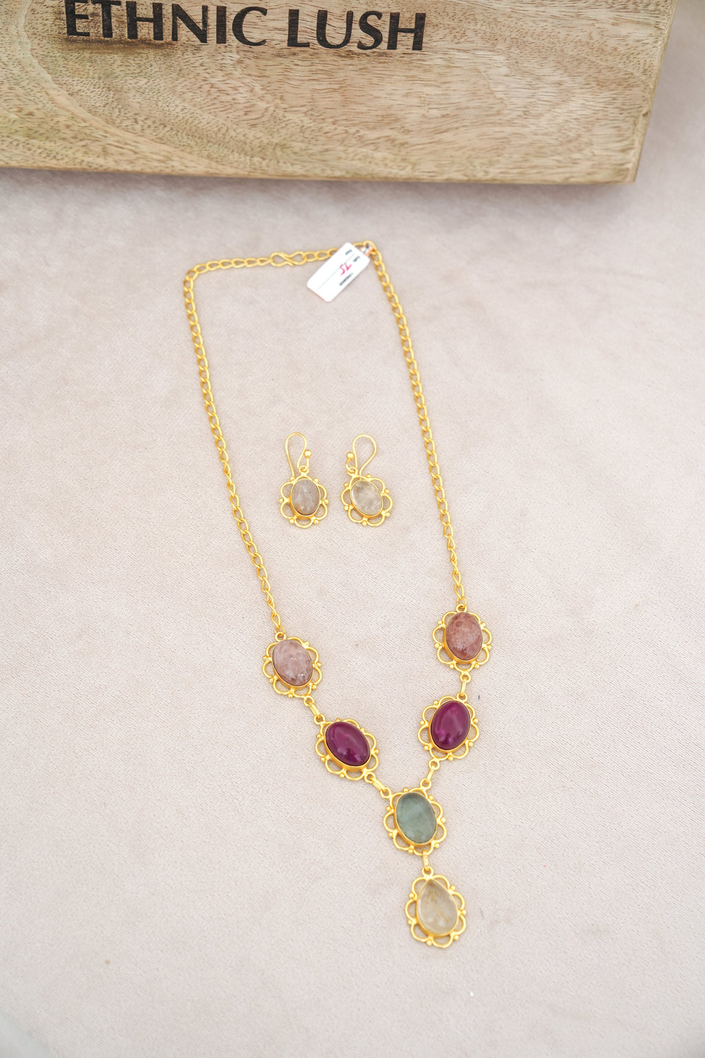 Crimson Rose Quartz  Emerald Cascade Necklace Set