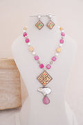 Handpainted Beads & Pearls Pendant Necklace & Earrings Set