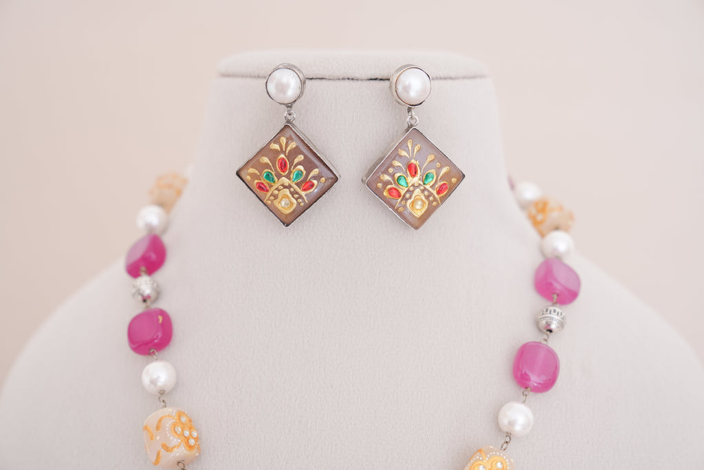 Handpainted Beads & Pearls Pendant Necklace & Earrings Set