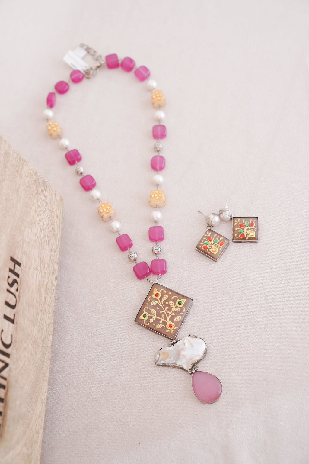 Handpainted Beads & Pearls Pendant Necklace & Earrings Set