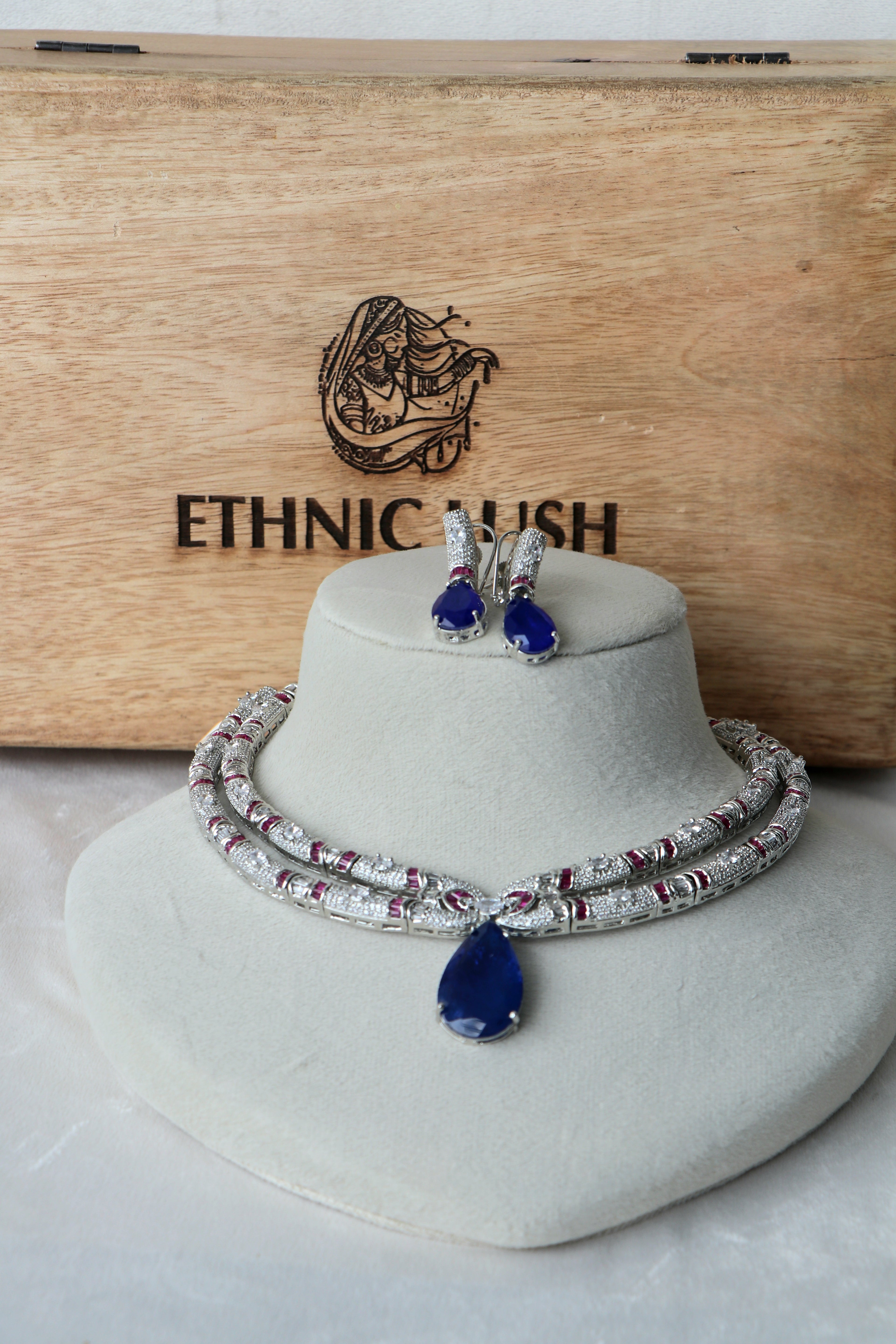 Double Strand Ruby Diamond Sapphire coloured Necklace Set