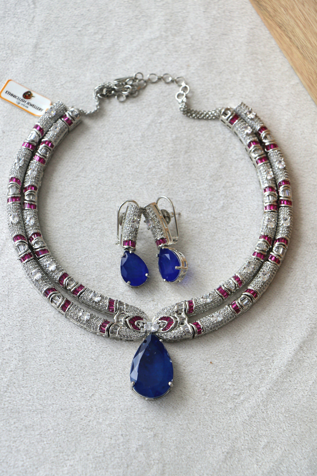 Double Strand Ruby Diamond Sapphire coloured Necklace Set