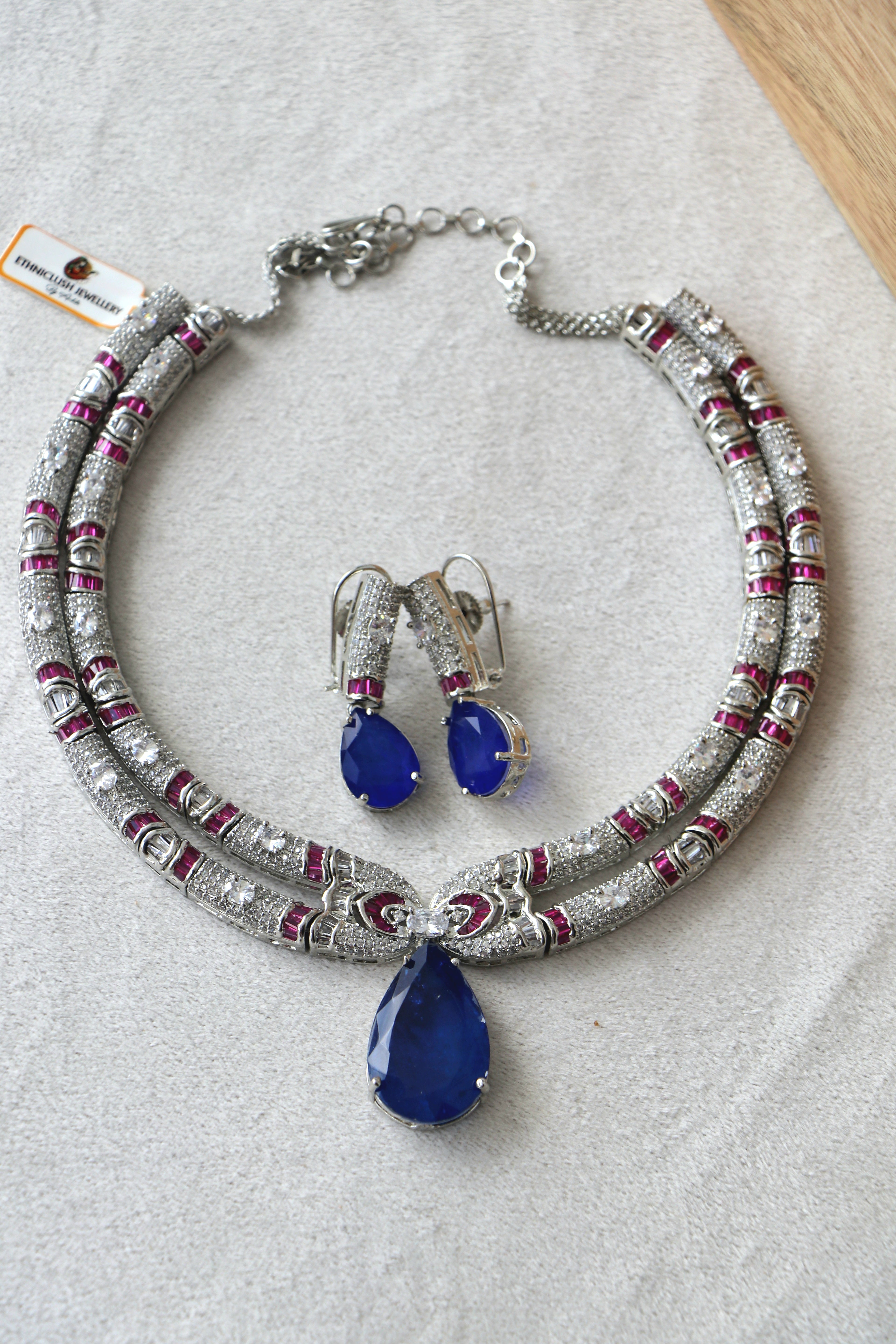 Double Strand Ruby Diamond Sapphire coloured Necklace Set
