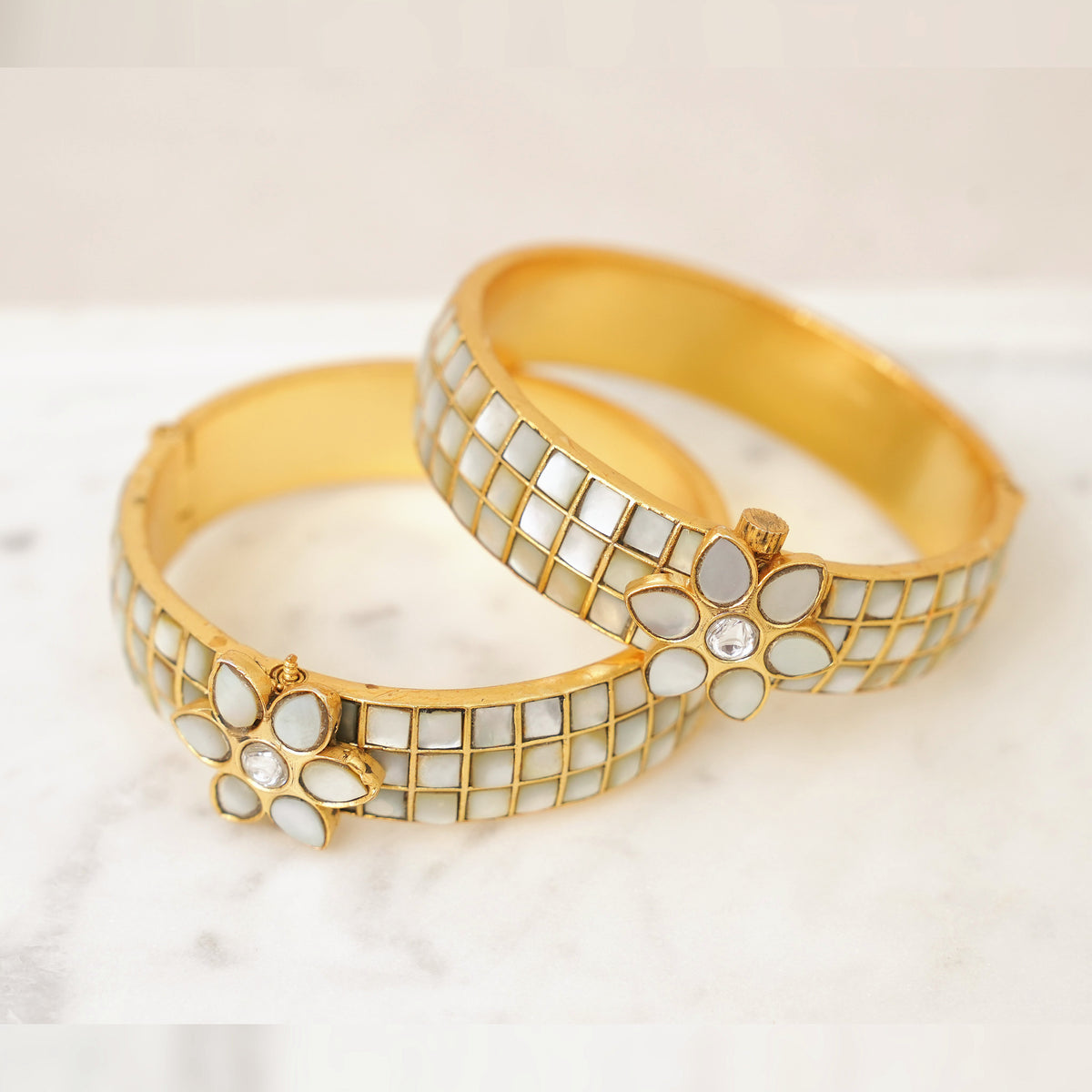 Mother of Pearl Kundan Floral Bangles