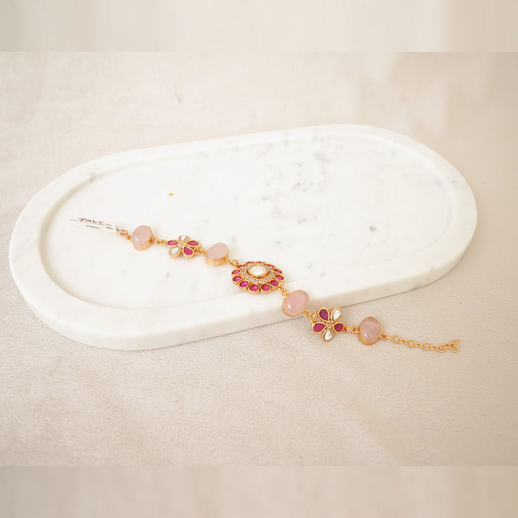 Kundan Floral Gemstone Link Bracelet - Pink
