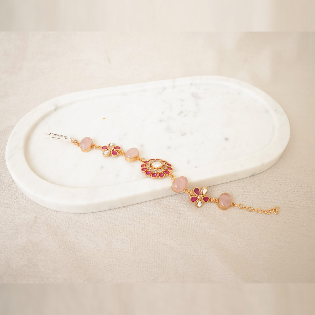 Kundan Floral Gemstone Link Bracelet - Pink