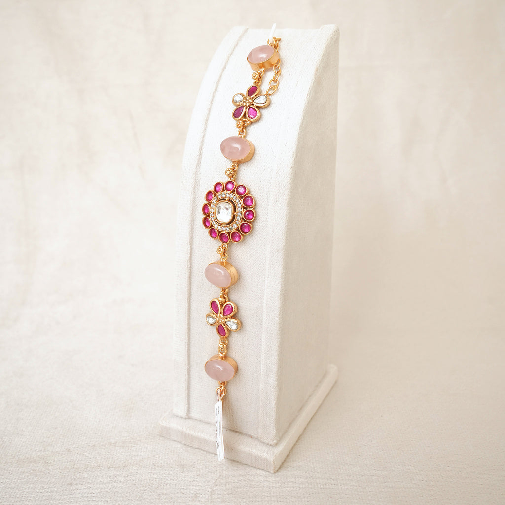 Kundan Floral Gemstone Link Bracelet - Pink
