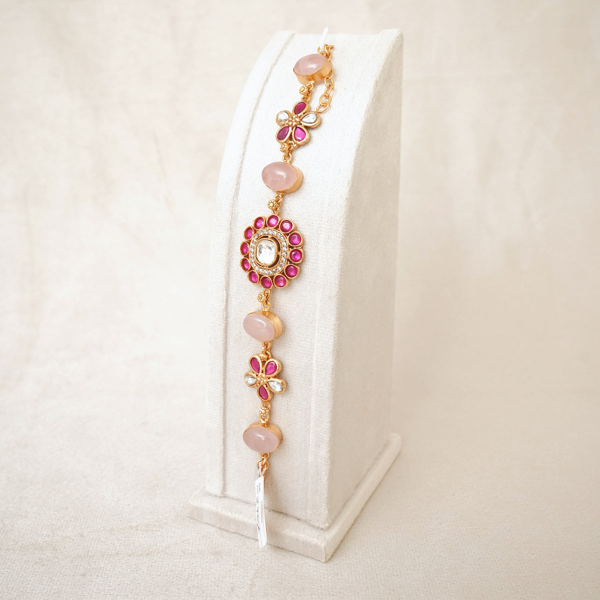 Kundan Floral Gemstone Link Bracelet - Pink