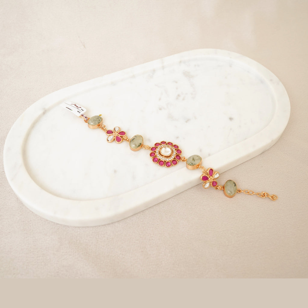 Kundan Floral Gemstone Link Bracelet - Green