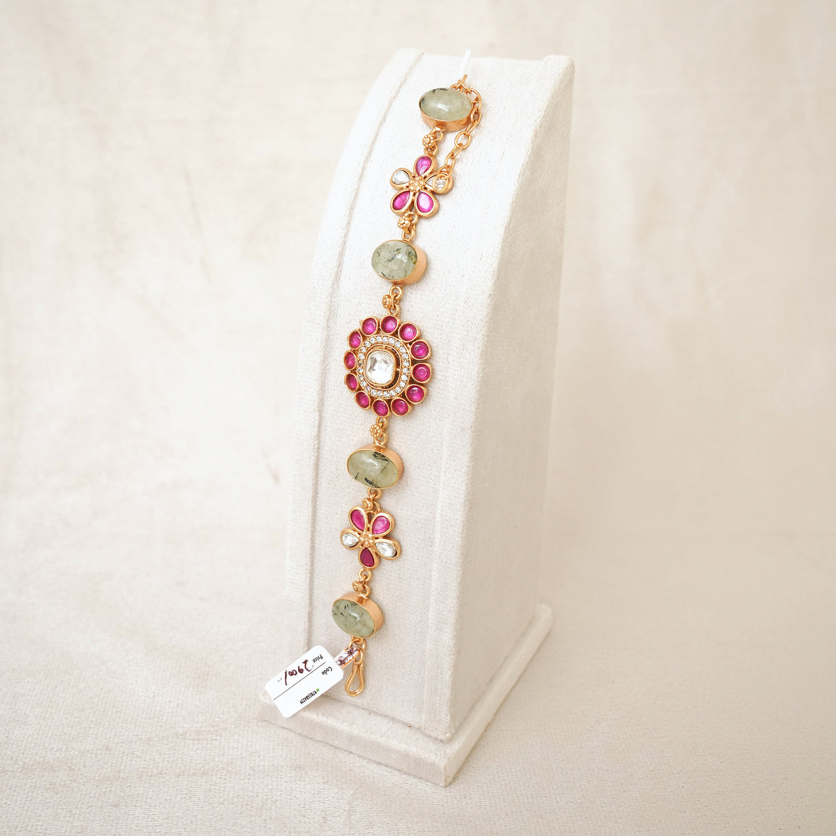 Kundan Floral Gemstone Link Bracelet - Green