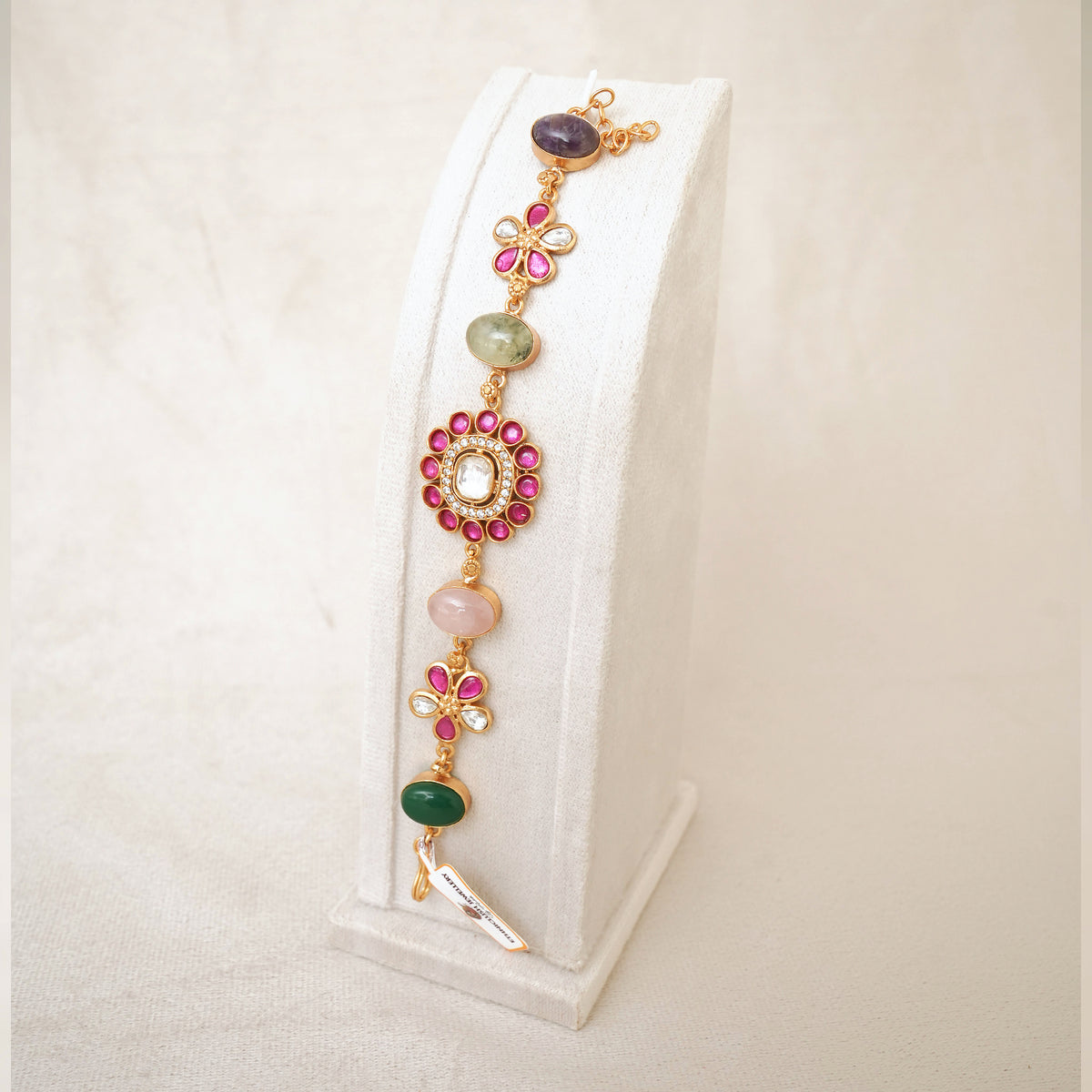 Kundan Floral Gemstone Link Bracelet - Multicolour