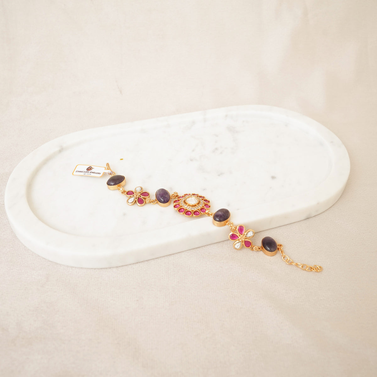 Kundan Floral Gemstone Link Bracelet - Purple