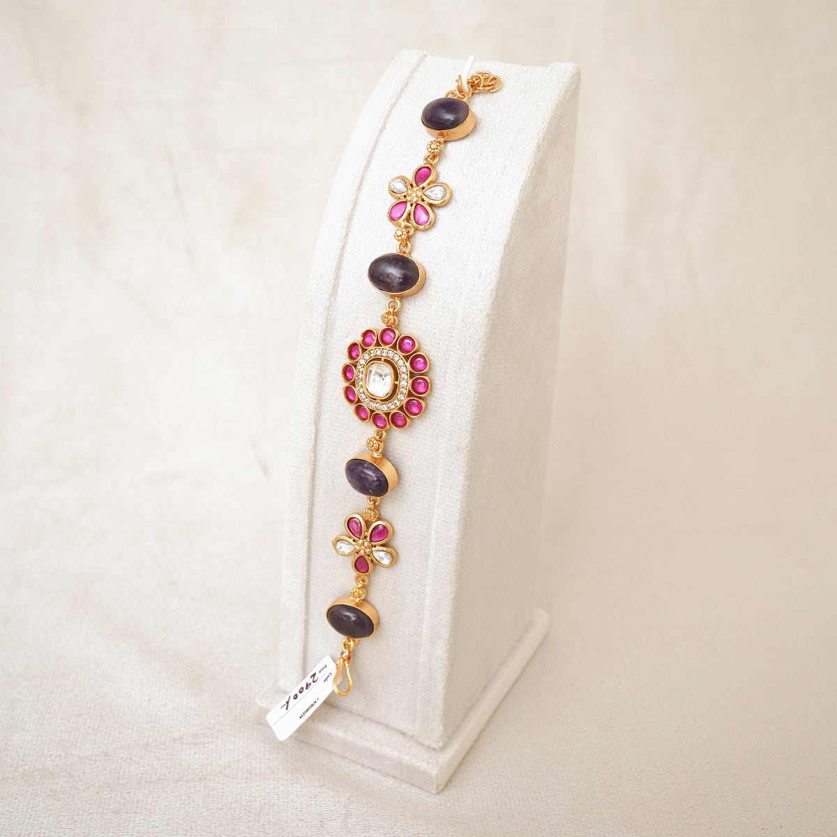 Kundan Floral Gemstone Link Bracelet - Purple